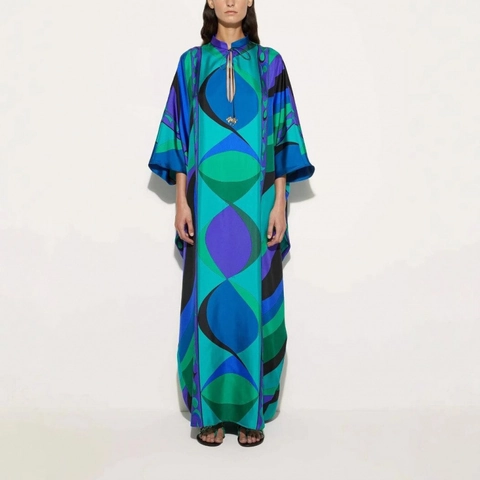 Dames Elegante Geometrische Abstracte Print Kaftan Maxi Jurk Satijn Zijde Textuur Ronde Hals Strikband Lange Mouw Zomerjurk