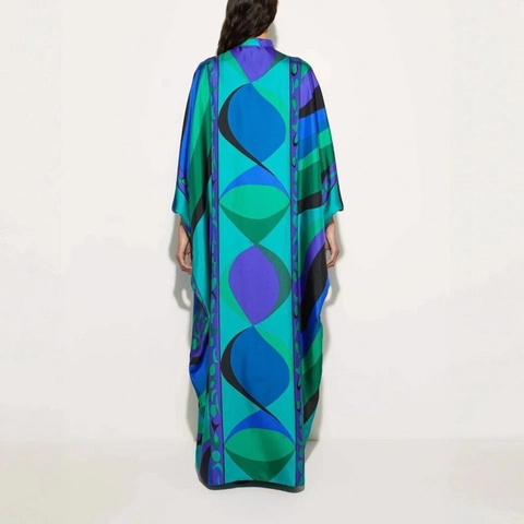 Dames Elegante Geometrische Abstracte Print Kaftan Maxi Jurk Satijn Zijde Textuur Ronde Hals Strikband Lange Mouw Zomerjurk