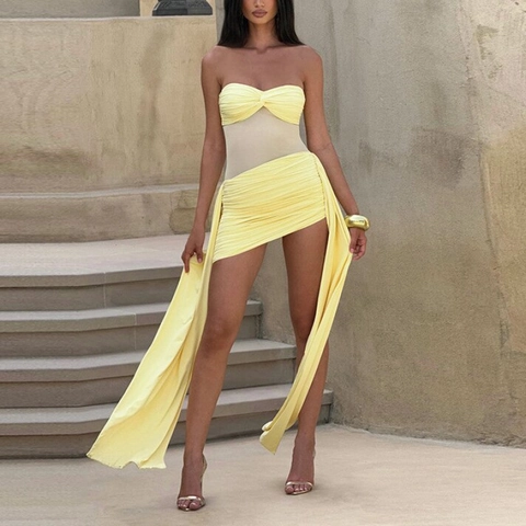 Elegant Strapless Mesh Spliced Mini Dress For Women Solid Color Slim Fit Ruched Bodycon Dress With Long Streamers Summer Evening Party Dress
