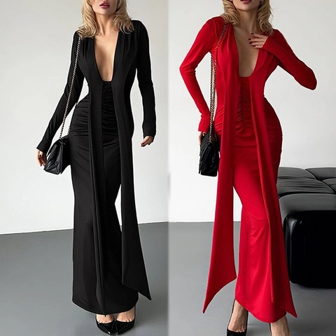 Robe Maxi Sexy Col en V Profond Plissée Bodycon Manches Longues Ruban Couleur Unie Robe de Soirée pour Femmes Élégante
