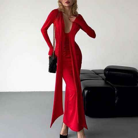 Robe Maxi Sexy Col en V Profond Plissée Bodycon Manches Longues Ruban Couleur Unie Robe de Soirée pour Femmes Élégante