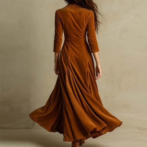Elegant Caramel Velvet V Neck Maxi Dress Vintage Long Sleeve High Waist Button Pleated Large Swing A-Line Party Dress Women