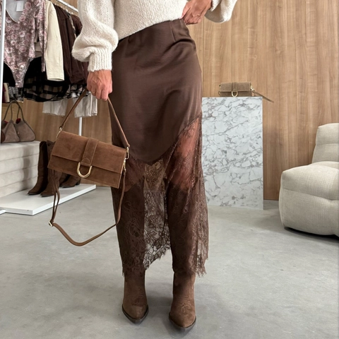 Women Sexy Lace Patchwork Satin Midi Skirt Elegant High Waist Hip Hugging Bodycon Skirt Black Coffee Fashion Pencil Skirt