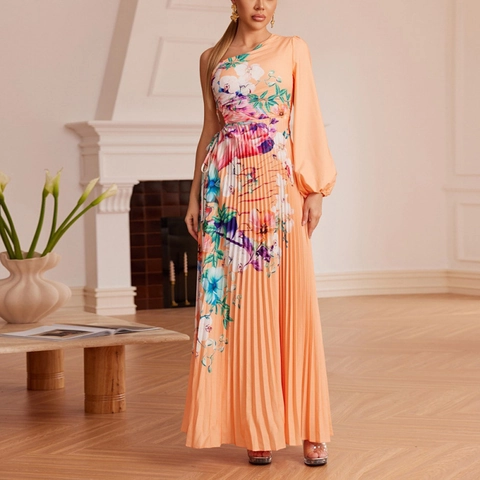 Elegante Asymmetrische One Shoulder Maxi Jurk Bloemenprint Geplooid Lange Lantaarnmouw Hoge Taille Party Jurk Dames