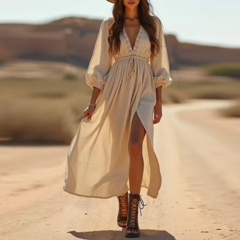 Abito Maxi Bohemien da Donna con Scollo a V Profondo Elegante Manica a Sbuffo Pizzo Vita Alta Coulisse Spacco Abito Lungo Festa