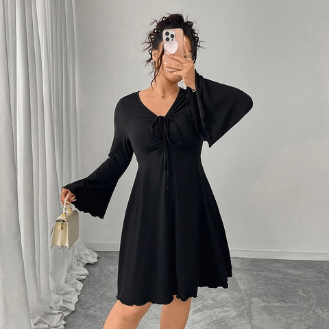 Women Plus Size Elegant V Neck Drawstring Dress Long Bell Sleeve Solid Black A-Line Mini Dress For Party Office Daily