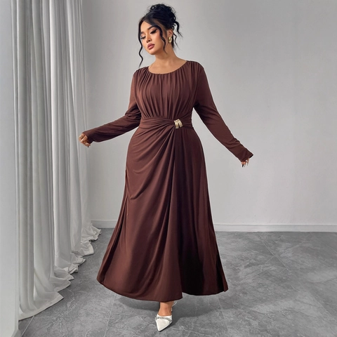 Damen Übergröße Elegantes Rundhals Langarm Maxi Kleid Geraffte Taille Mit Metallschnalle Herbst Party Sexy Langes Kleid