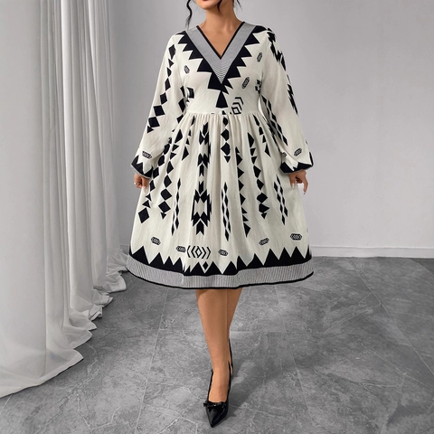 Women's Plus Size Bohemian Geometric Print Maxi Dress V-Neck Long Puff Sleeve High Waist Ethnic Style Fall Long Dress