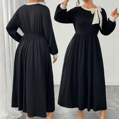 Franse Vintage Hepburn Stijl Contrastkleur 3D Strik Lange Jurk Voor Vrouwen Grote Maten Zwart Elegant Lange Mouw Maxi Jurk