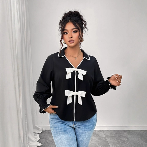 Damen Übergröße Schwarz Langarm Bluse Elegant Kontrast Weiß Schleife Dekoration Polo Ausschnitt Casual Mode Hemd Top