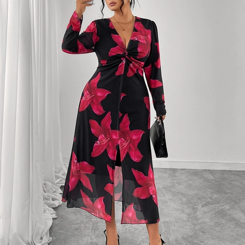 Dames Plus Size Bloemenprint V-Hals Lange Mouw Maxi Jurk Franse Stijl Knoop Split Afslankende Feestjurk