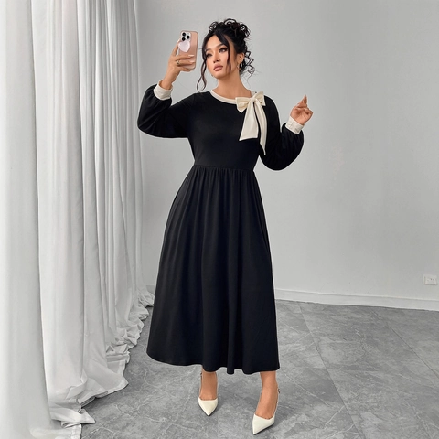 Franse Vintage Hepburn Stijl Contrastkleur 3D Strik Lange Jurk Voor Vrouwen Grote Maten Zwart Elegant Lange Mouw Maxi Jurk