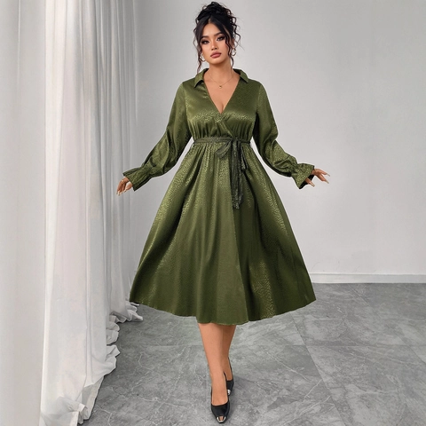 Damen Elegant V-Ausschnitt Satin Jacquard Leopardenmuster Midi Kleid Langarm Laternenärmel Schnürung Übergröße Casual Partykleid