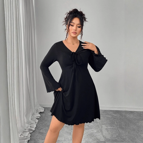Women Plus Size Elegant V Neck Drawstring Dress Long Bell Sleeve Solid Black A-Line Mini Dress For Party Office Daily