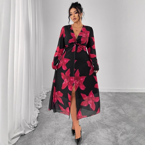 Dames Plus Size Bloemenprint V-Hals Lange Mouw Maxi Jurk Franse Stijl Knoop Split Afslankende Feestjurk