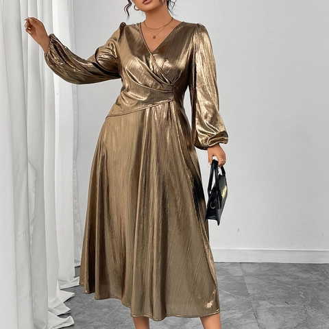Vestito Lungo Maxi Plissettato Metallico con Scollo a V Taglie Forti per Donna Elegante Manica a Lanterna Sexy Oro Festa Serale Night Club