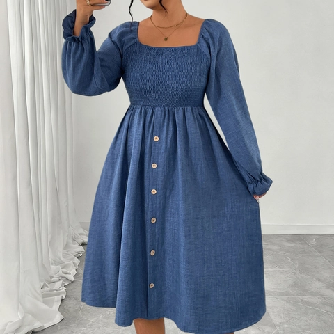 Women's Plus Size Square Neck Smocked Long Sleeve Dress Button Front A-Line Boho Casual Elegant Solid Color Maxi Dress