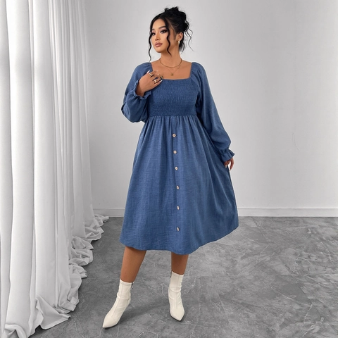 Women's Plus Size Square Neck Smocked Long Sleeve Dress Button Front A-Line Boho Casual Elegant Solid Color Maxi Dress