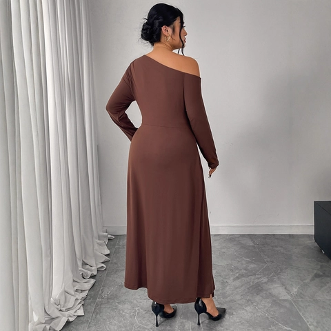 Elegante Vestido Maxi de Talla Grande para Mujer Un Hombro Manga Larga Color Sólido Hebilla de Metal en la Cintura Vestido Largo para Fiesta Banquete