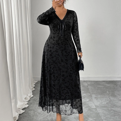 Abito Maxi da Donna Taglie Forti Vintage con Scollo a V e Maniche Lunghe Nero in Mesh Floral per Banchetti Feste con Pizzo e Fiocco
