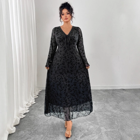 Abito Maxi da Donna Taglie Forti Vintage con Scollo a V e Maniche Lunghe Nero in Mesh Floral per Banchetti Feste con Pizzo e Fiocco