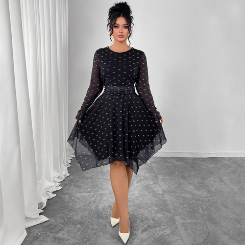 Damen Chiffonkleid mit Schleifendruck Elegant A-Linie Langarm Midikleid Unregelmäßiger Saum Hepburn-Stil Schlanke Passform