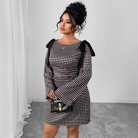 Damen Übergröße Gingham Kariertes Minikleid Schleife Schulter Lange Glockenärmel Schlanke Passform Rundhals Polyester Kleid
