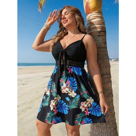 Vestido Cami de Talla Grande con Cuello en V para Mujer Estampado Floral Tropical Retazos de Encaje Sin Mangas Vacaciones en la Playa