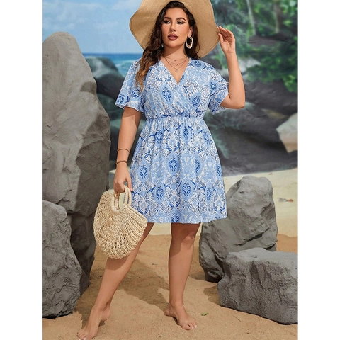 Abito Taglie Forti Donna Stampa Paisley Bohemienne Scollo a V Poliestere Manica Corta Vita Elastica Spiaggia Vacanza Estate Midi