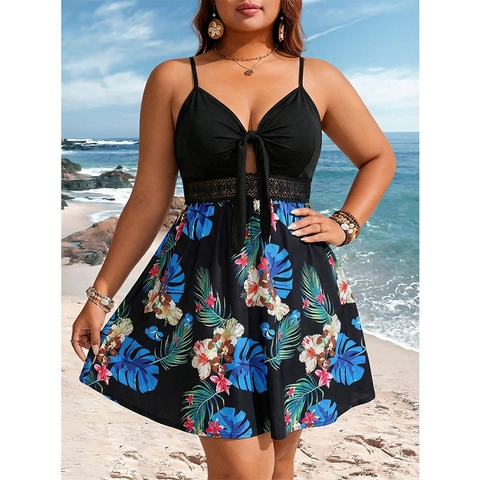 Vestido Cami de Talla Grande con Cuello en V para Mujer Estampado Floral Tropical Retazos de Encaje Sin Mangas Vacaciones en la Playa