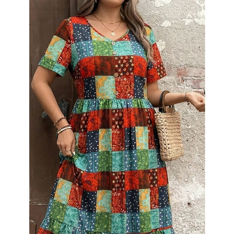 Damen Übergröße Bohemian Patchwork Bedrucktes V-Ausschnitt Kurzarm Kleid Casual Locker Retro A-Linie Sommer Maxikleid
