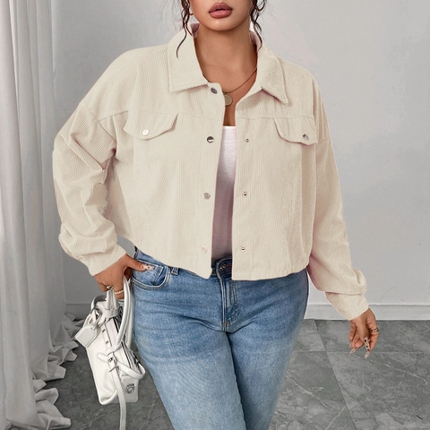Giacca in Velluto a Coste Taglie Forti Donna Corta Casual Rever Manica a Lanterna Cappotto Monopetto Moda Autunno Inverno