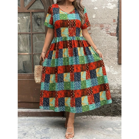 Damen Übergröße Bohemian Patchwork Bedrucktes V-Ausschnitt Kurzarm Kleid Casual Locker Retro A-Linie Sommer Maxikleid