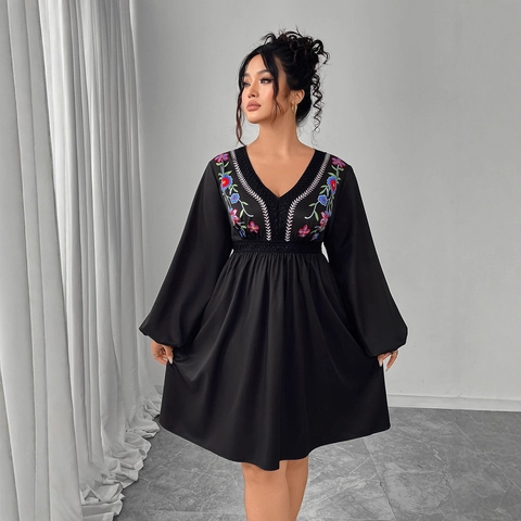 Vestido Negro Talla Grande Mujer Cuello en V Manga Larga Con Bordado Floral Colorido Vintage Boho Cintura Alta Línea A
