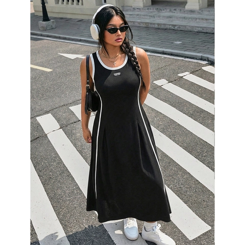 Γυναικείο Plus Size Αθλητικό Μάξι Φόρεμα με Αντίθεση Χρωμάτων Αμάνικο Γραμμή Α Τύπωμα Γραμμάτων Streetwear Casual Μακρύ Φόρεμα