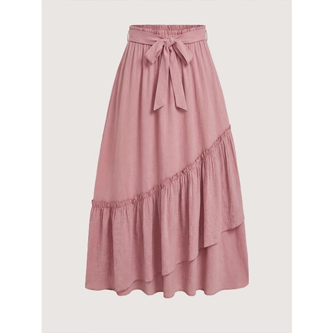 Women Plus Size Pink Ruffled Tiered Midi Skirt Elastic Waist Asymmetric Hem Skirt With Bow Belt Casual Bohemian Summer Bottoms