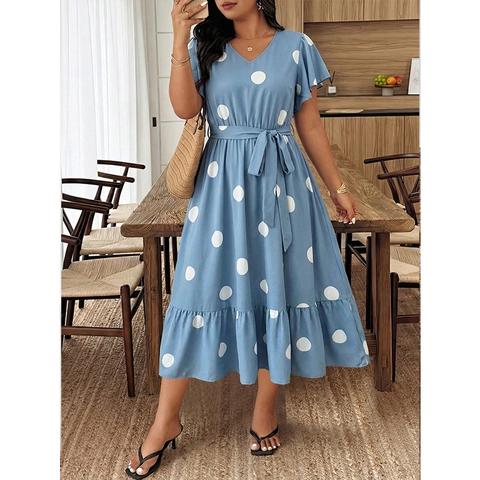 Vestito Midi a Pois con Scollo a V Taglie Forti da Donna con Maniche Corte a Volant Casual Azzurro Linea A con Cintura