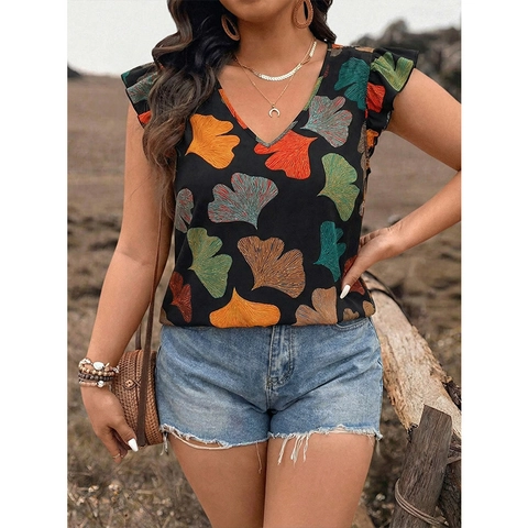 Top sin Mangas con Cuello en V de Talla Grande para Mujer Manga con Volantes Estampado de Hojas de Ginkgo Blusa Informal Holgada Camisa de Verano Boho