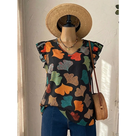 Women Plus Size V-Neck Flutter Sleeve Top Casual Bohemian Ginkgo Leaf Print Loose Blouse Summer Vacation Pullover Shirt
