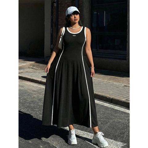 Γυναικείο Plus Size Αθλητικό Μάξι Φόρεμα με Αντίθεση Χρωμάτων Αμάνικο Γραμμή Α Τύπωμα Γραμμάτων Streetwear Casual Μακρύ Φόρεμα