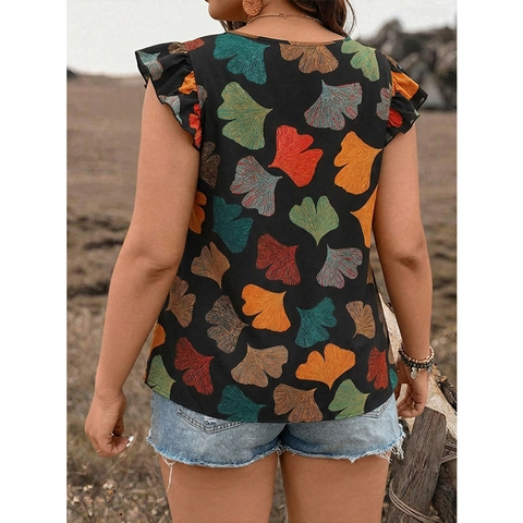 Top sin Mangas con Cuello en V de Talla Grande para Mujer Manga con Volantes Estampado de Hojas de Ginkgo Blusa Informal Holgada Camisa de Verano Boho