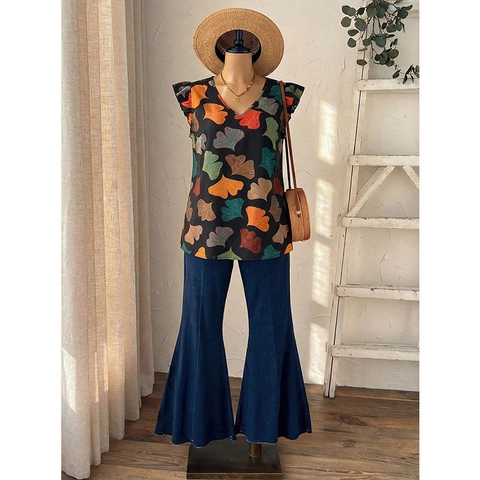 Women Plus Size V-Neck Flutter Sleeve Top Casual Bohemian Ginkgo Leaf Print Loose Blouse Summer Vacation Pullover Shirt
