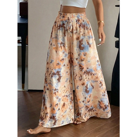 Women's Plus Size High Waist Tie Dye Wide Leg Pants Loose Straight Bohemian Drawstring Polyester Casual Trousers