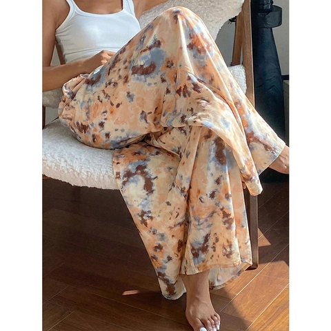 Pantalon Large Grande Taille pour Femmes Taille Haute Imprimé Tie-Dye Décontracté Cordon de Serrage Palazzo