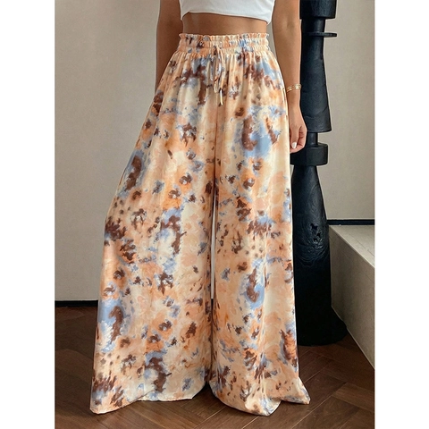 Women's Plus Size High Waist Tie Dye Wide Leg Pants Loose Straight Bohemian Drawstring Polyester Casual Trousers