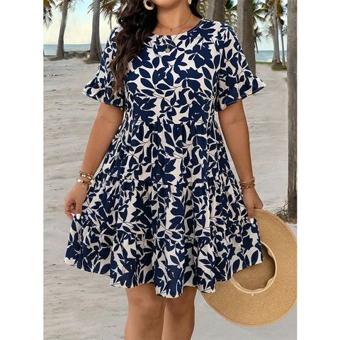 Damen Plus Size Blattdruck Kleid Rundhals Kurzarm Stufenkleid Midi Kleid Sommerurlaub Strand Lässiges Kleid