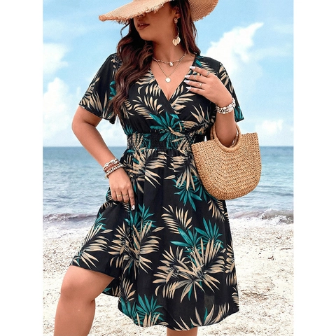 Vestido Talla Grande Cuello en V Estampado Hojas Tropicales Cintura Alta Fruncida Manga Mariposa Vacaciones Playa Vestido Midi Mujer