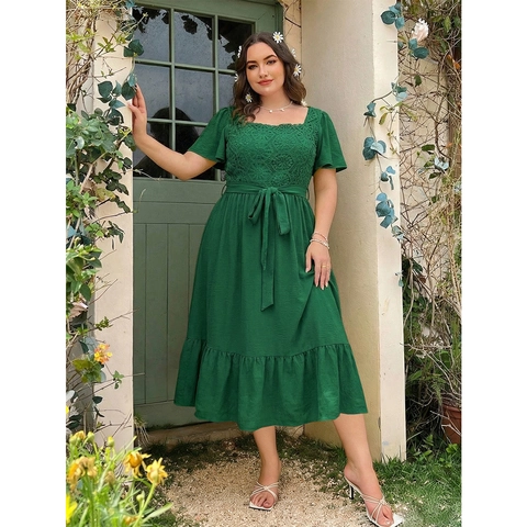 French Vintage Square Neck Green Plus Size Midi Dress For Women Floral Lace Embroidered Waist Tie Elegant Ruffle Hem Dress