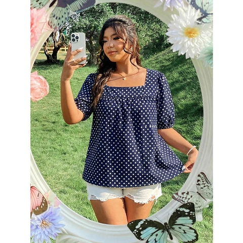 Blusa de Talla Grande para Mujer con Lunares Cuello Cuadrado Mangas Abullonadas Verano Holgada Informal Camisa Babydoll Top