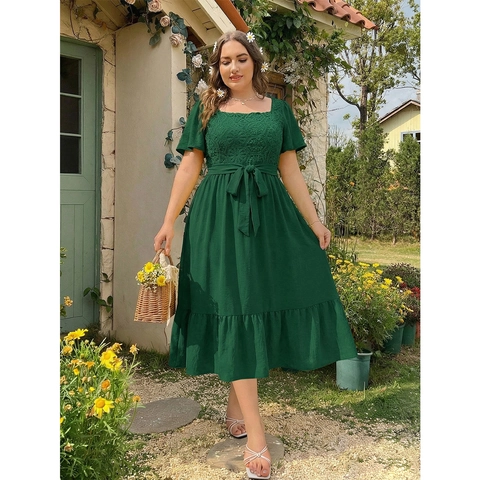 French Vintage Square Neck Green Plus Size Midi Dress For Women Floral Lace Embroidered Waist Tie Elegant Ruffle Hem Dress